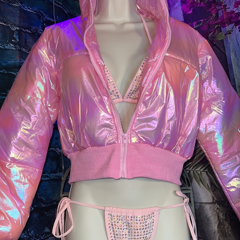 2piece Pink Rave Rhinestone Bikini - Picture 6 of 7